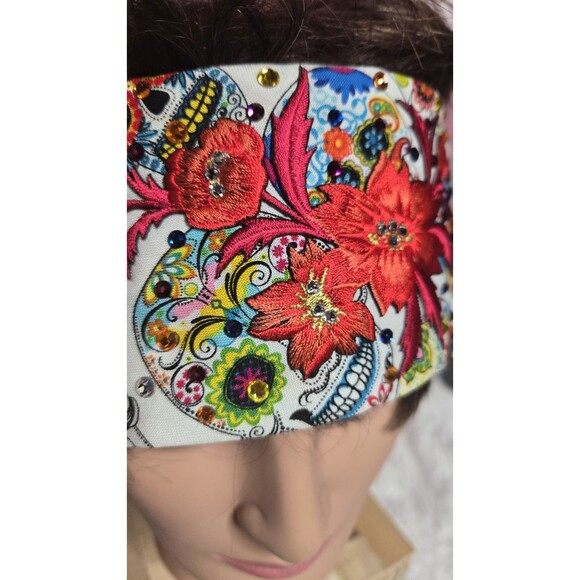 Sugar Skull Handmade Colorful Bling Rhinestone Biker Tie Head Band - Picture 3 of 12